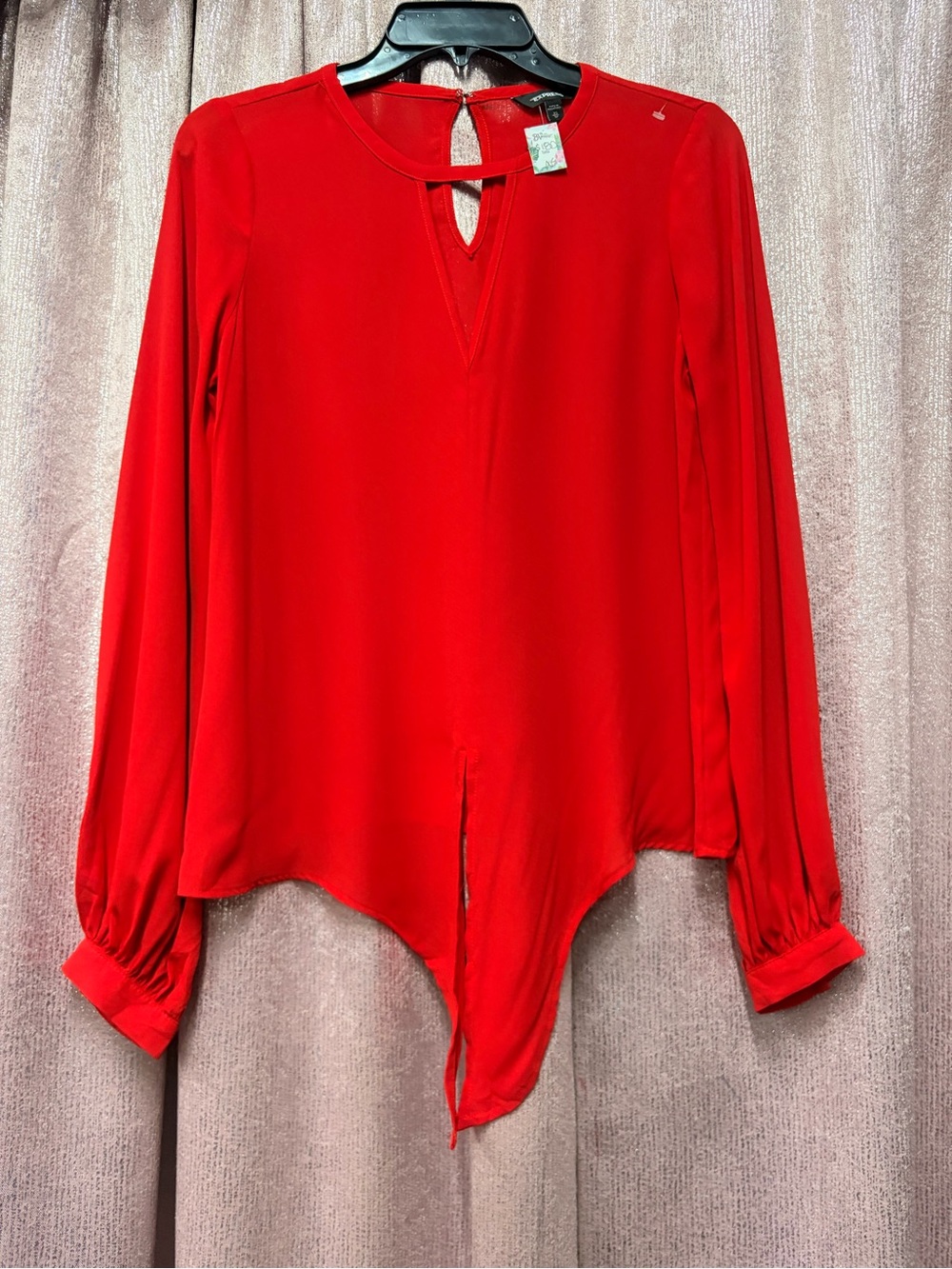 Express Red Long-Sleeve Keyhole V-Neck Blouse